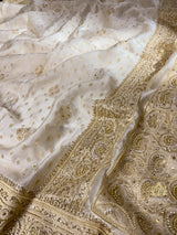 Ivory Special Zardozi Pearl Handwork Mulberry Banarasi Silk Saree