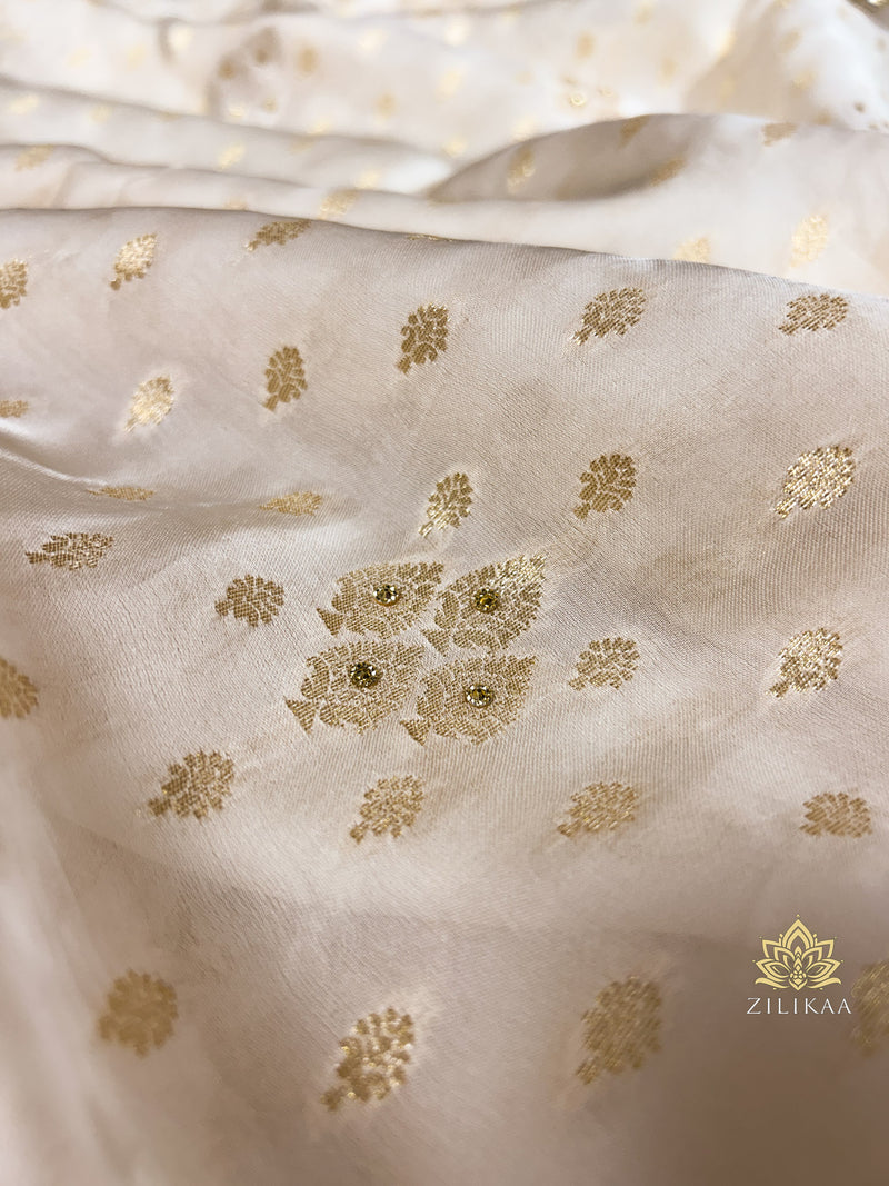 Ivory Special Zardozi Pearl Handwork Mulberry Banarasi Silk Saree