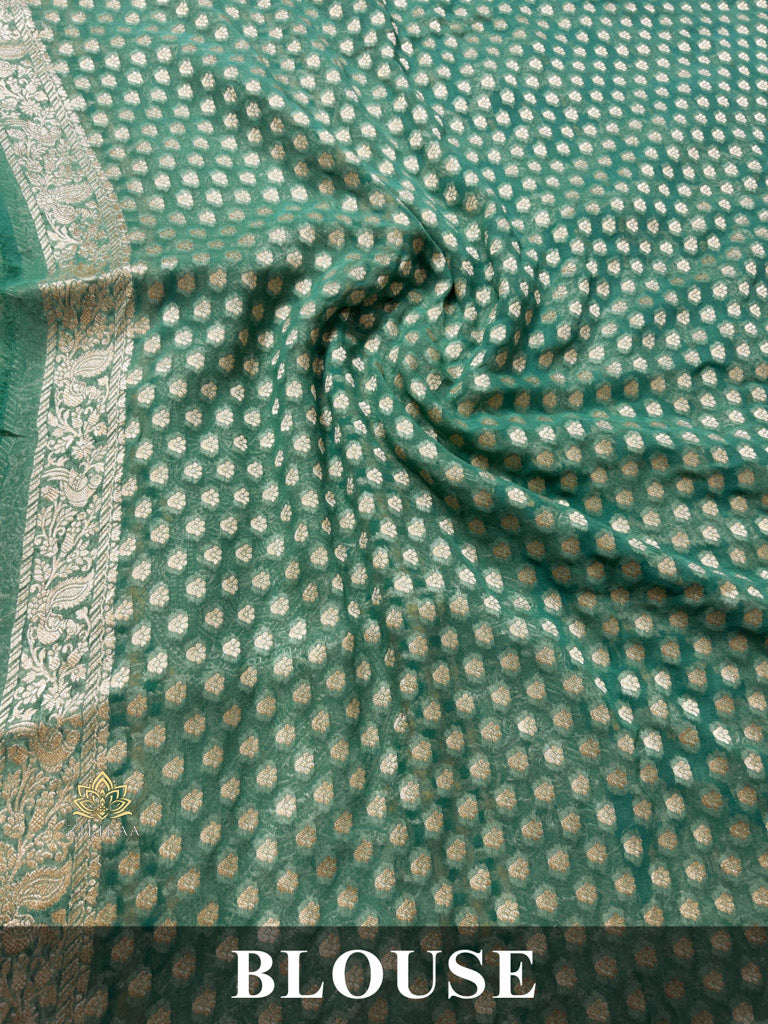 French Green Banarasi Meenakari Khaddi Weaved Georgette Saree