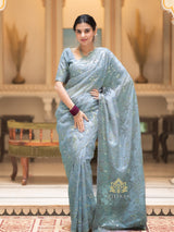 Aque Blue Gota Embroidery French Silk Saree