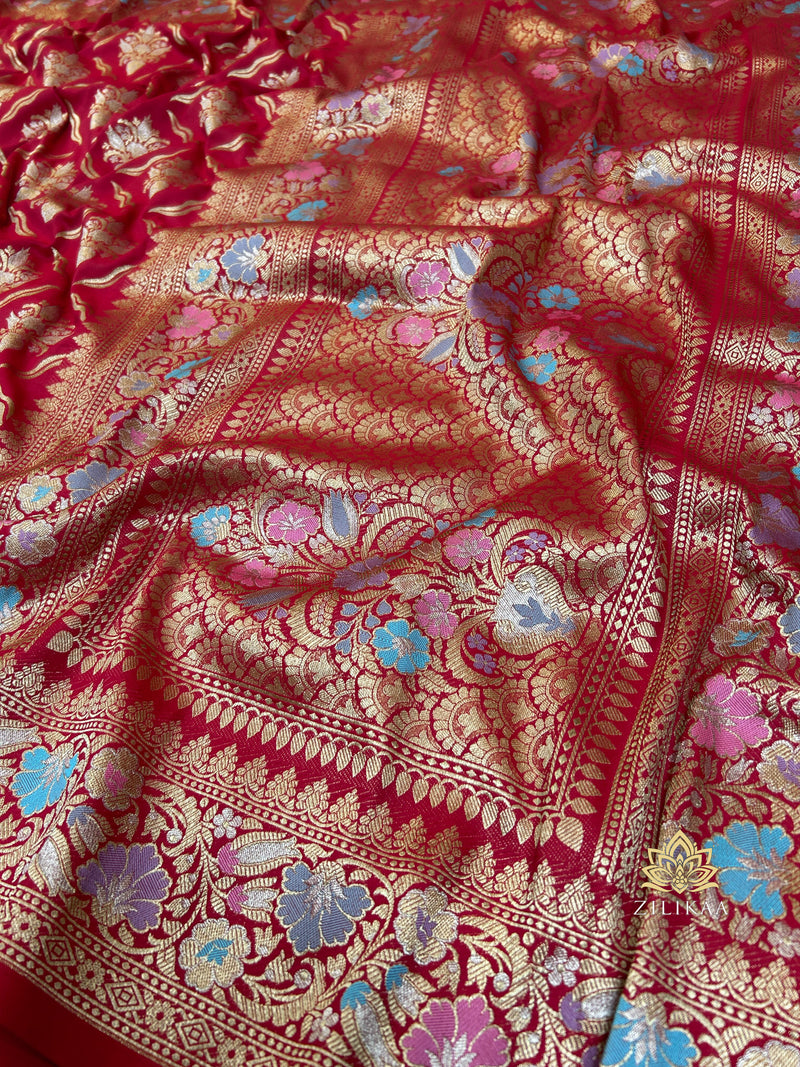 Crimson Red Meenakari Banarasi Katan Silk Saree