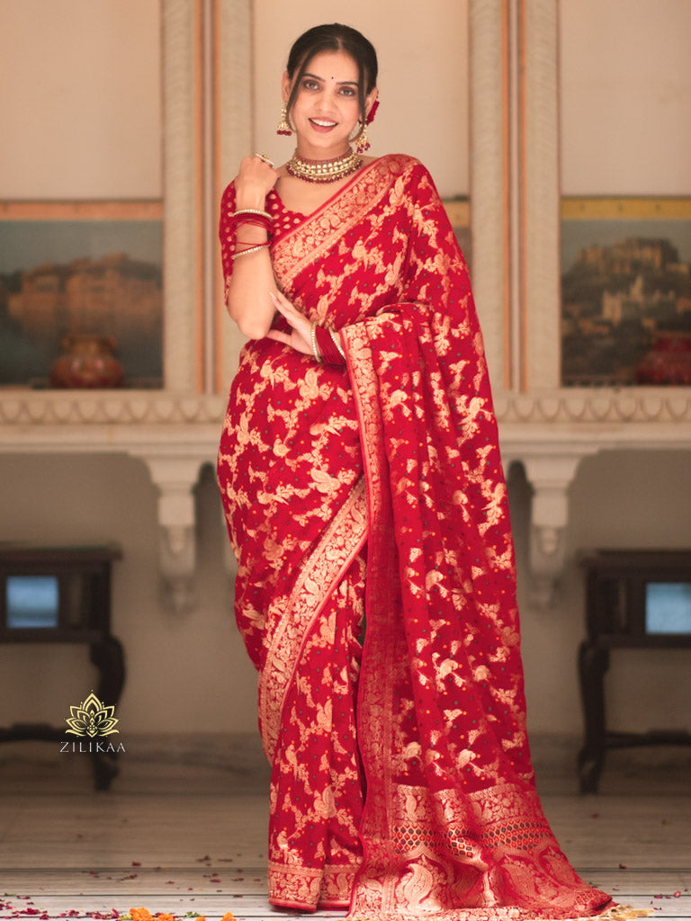 Scarlet Red Banarasi Meenakari Khaddi Weaved Georgette Saree