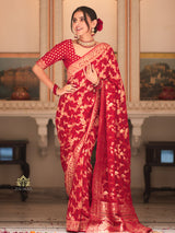 Scarlet Red Banarasi Meenakari Khaddi Weaved Georgette Saree