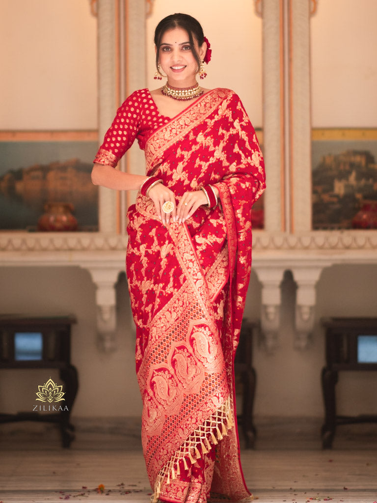 Scarlet Red Banarasi Meenakari Khaddi Weaved Georgette Saree