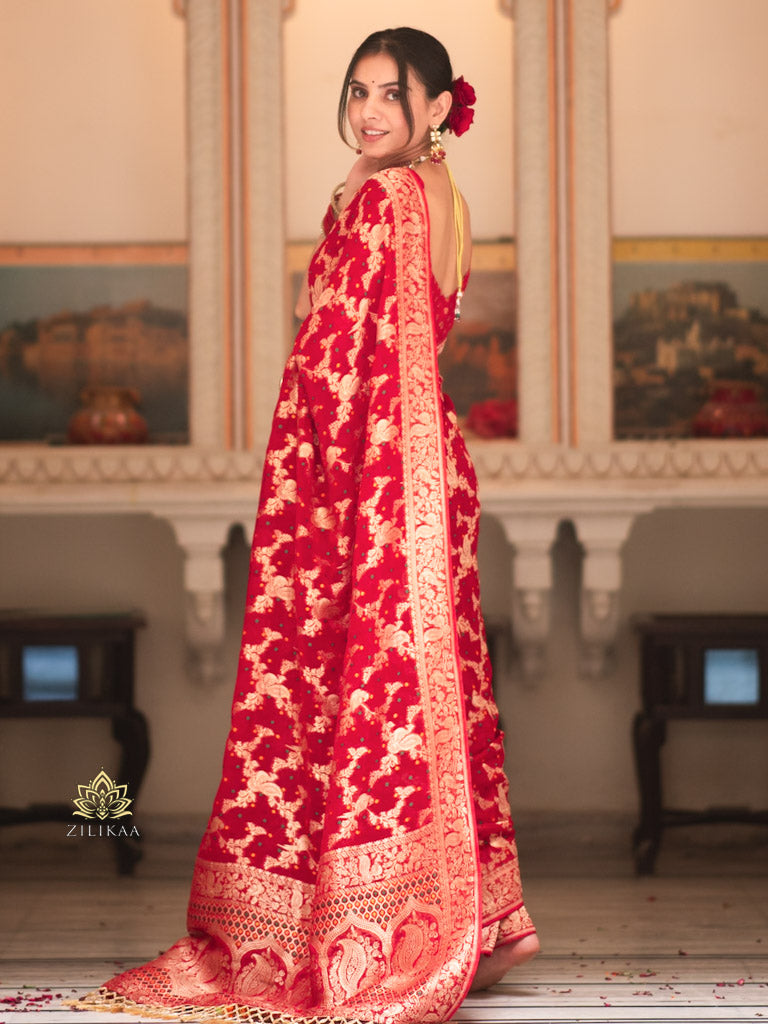 Scarlet Red Banarasi Meenakari Khaddi Weaved Georgette Saree