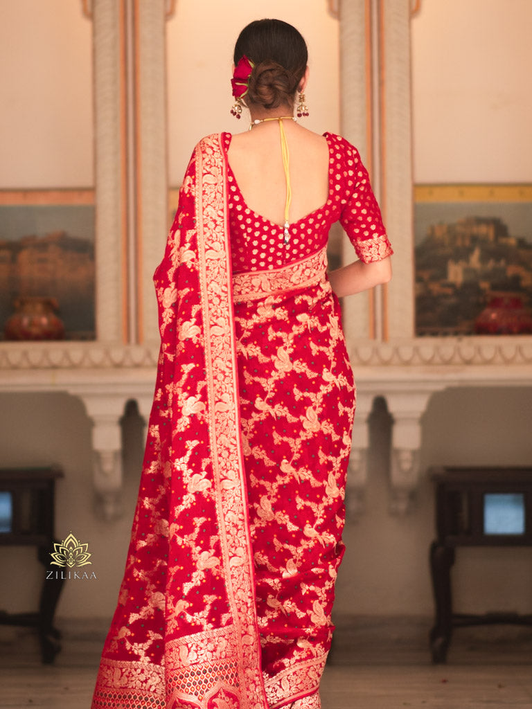 Scarlet Red Banarasi Meenakari Khaddi Weaved Georgette Saree