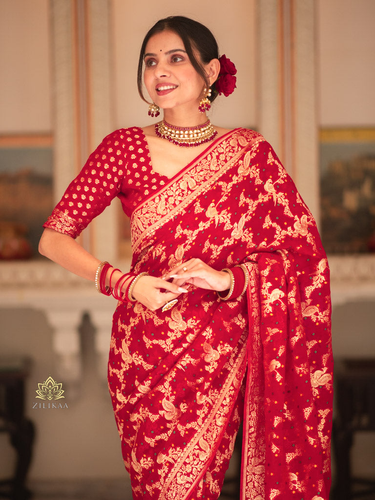 Scarlet Red Banarasi Meenakari Khaddi Weaved Georgette Saree