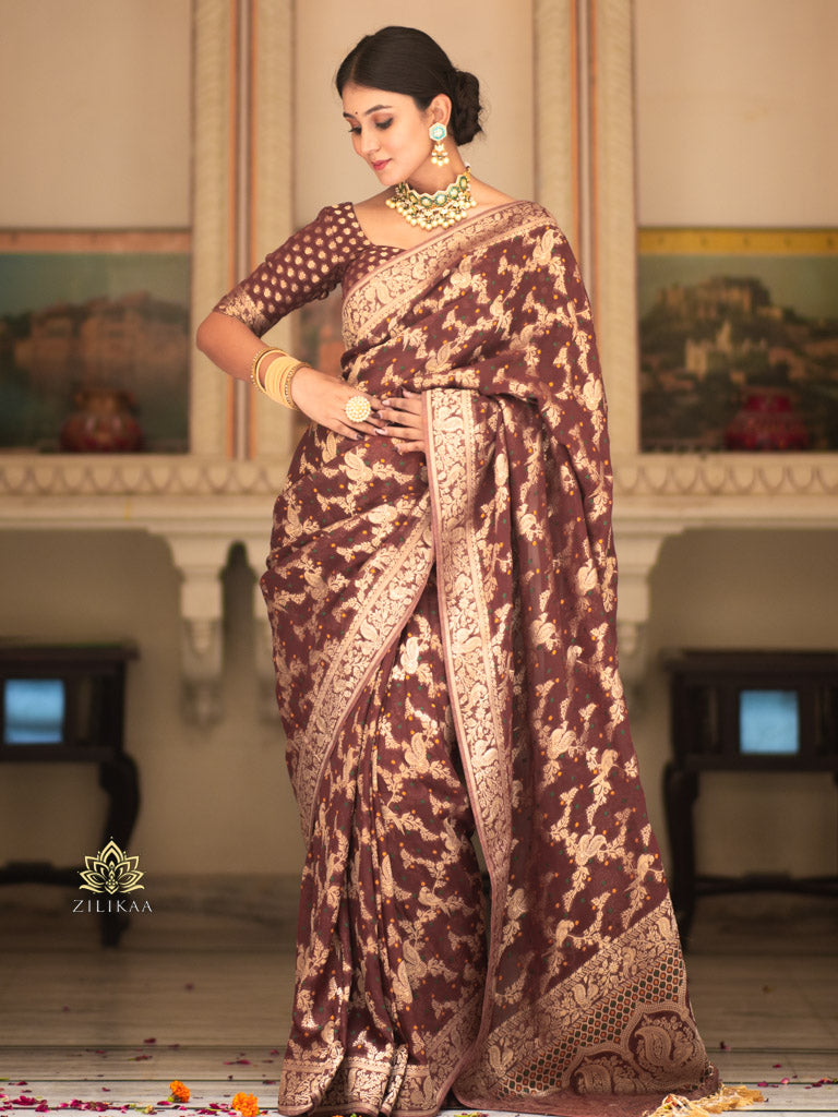 Caramel Brown Banarasi Meenakari Khaddi Weaved Georgette Saree