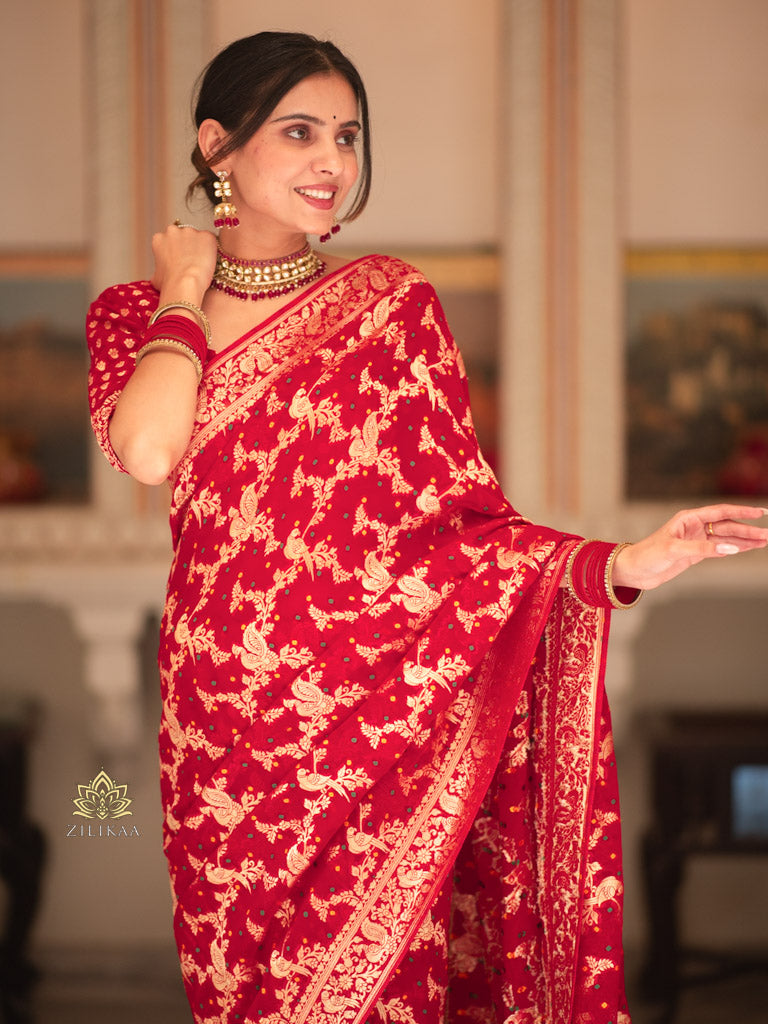 Scarlet Red Banarasi Meenakari Khaddi Weaved Georgette Saree