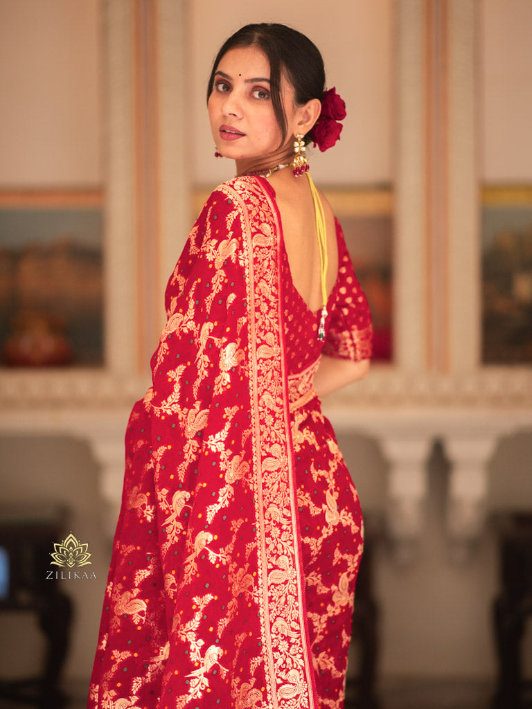 Scarlet Red Banarasi Meenakari Khaddi Weaved Georgette Saree