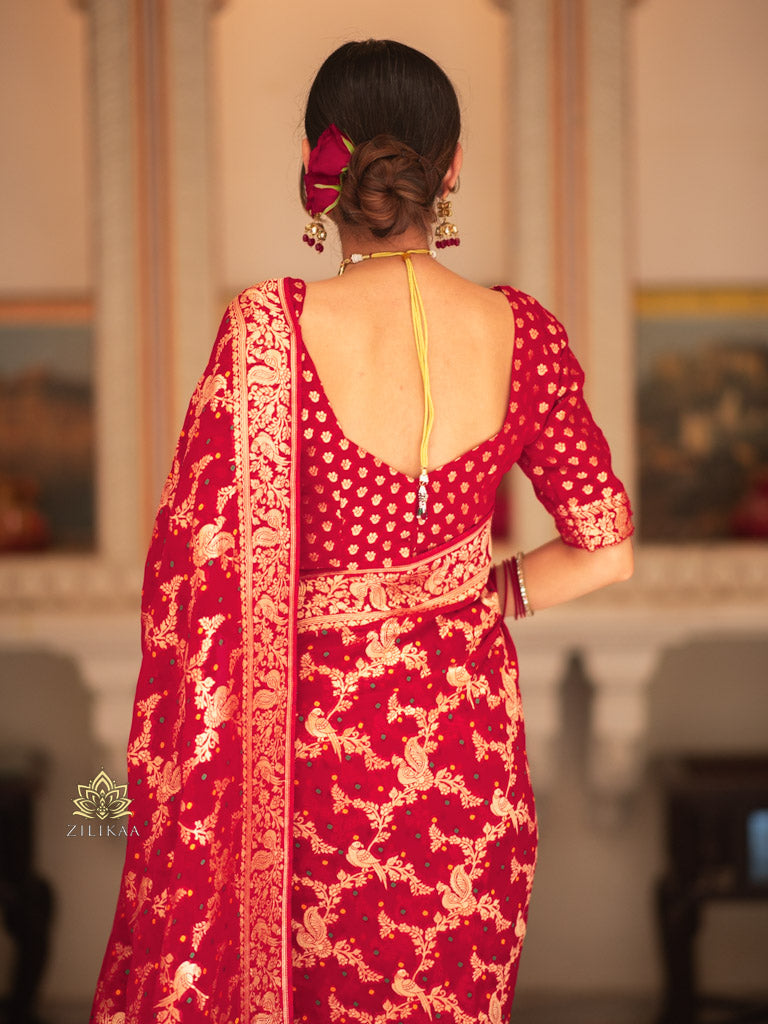 Scarlet Red Banarasi Meenakari Khaddi Weaved Georgette Saree