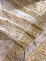 Ivory Special Zardozi Pearl Handwork Mulberry Banarasi Silk Saree