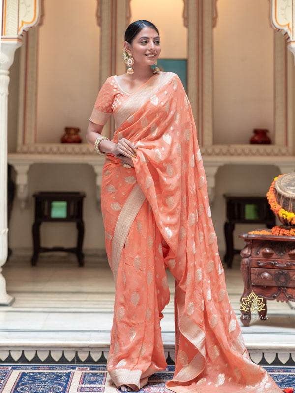 Salmon Peach Banarasi Khaddi Weaved Georgette Saree