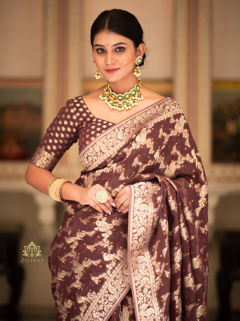 Caramel Brown Banarasi Meenakari Khaddi Weaved Georgette Saree