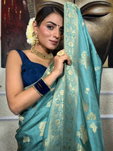 Turquoise Green Banarasi Uppada Silk Saree