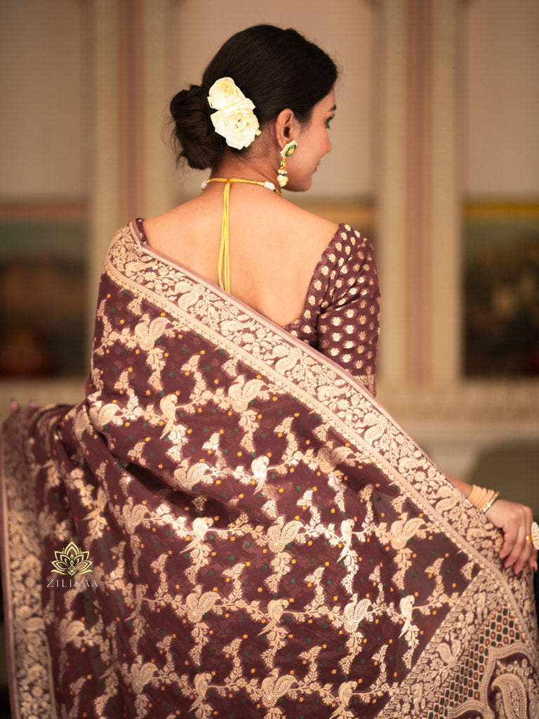 Caramel Brown Banarasi Meenakari Khaddi Weaved Georgette Saree