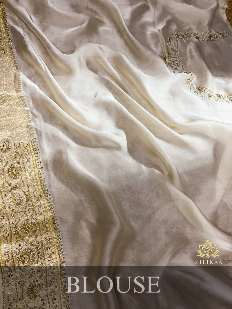 Ivory Special Zardozi Pearl Handwork Mulberry Banarasi Silk Saree