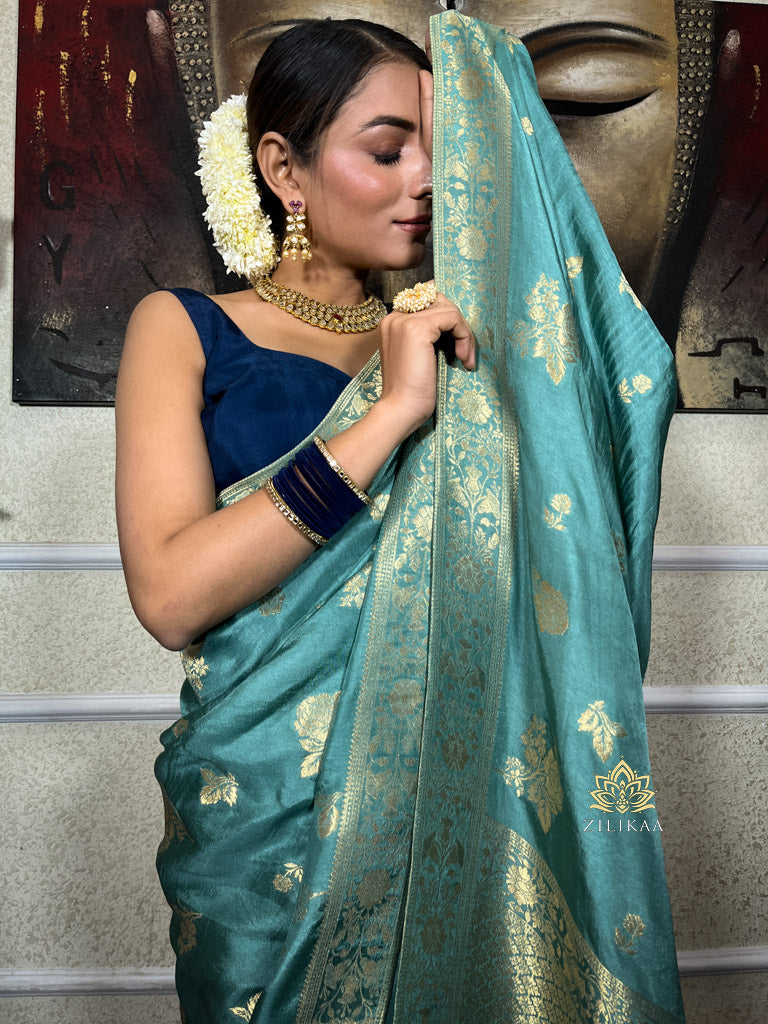 Turquoise Green Banarasi Uppada Silk Saree