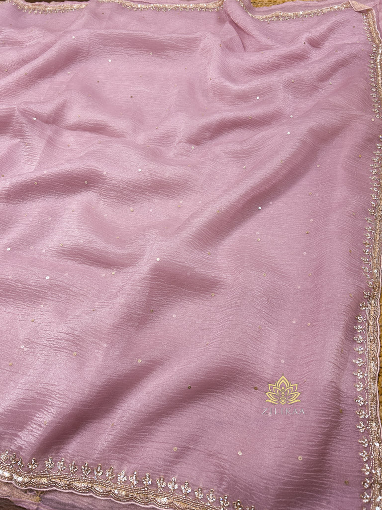 Baby Pink Crush Tissue Silk Saree With Heavy Stitch Designer Blouse