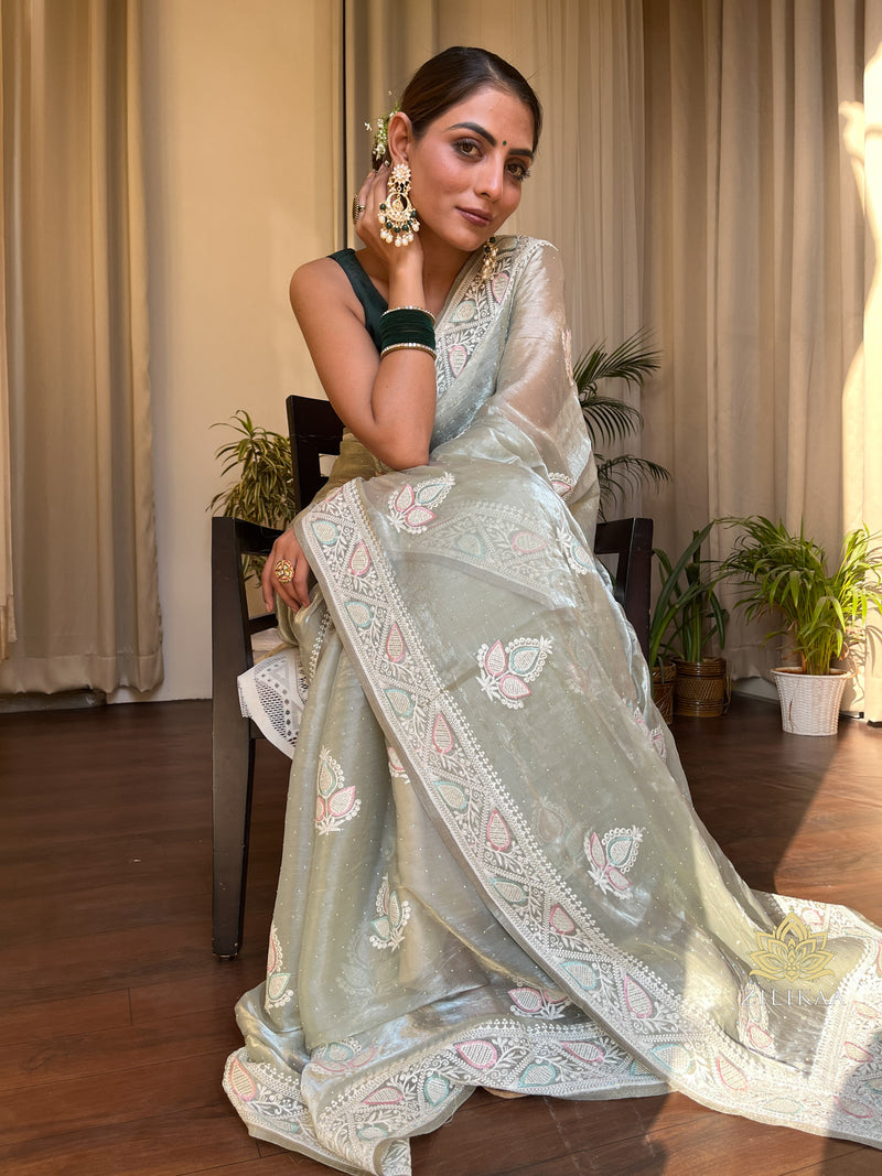 Fern Green French Organza Silk Saree