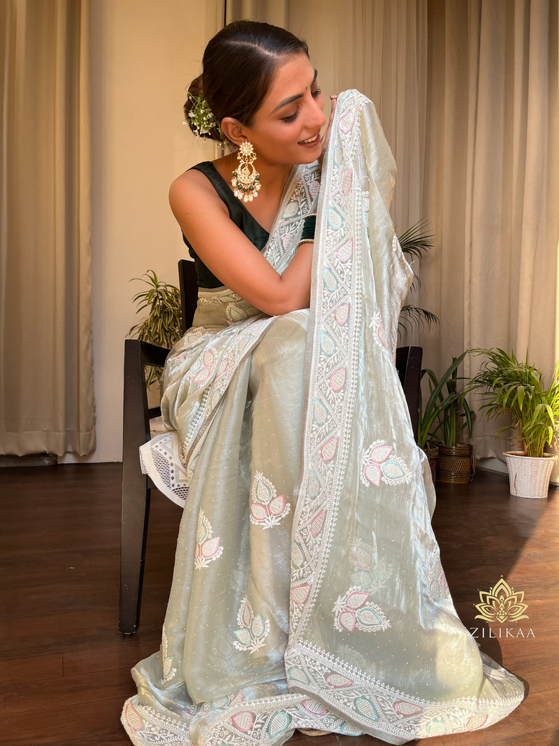 Fern Green French Organza Silk Saree