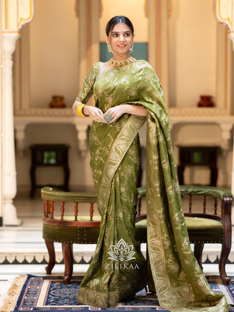 Mirror And Digital Print Embellished Mehendi Green Saree