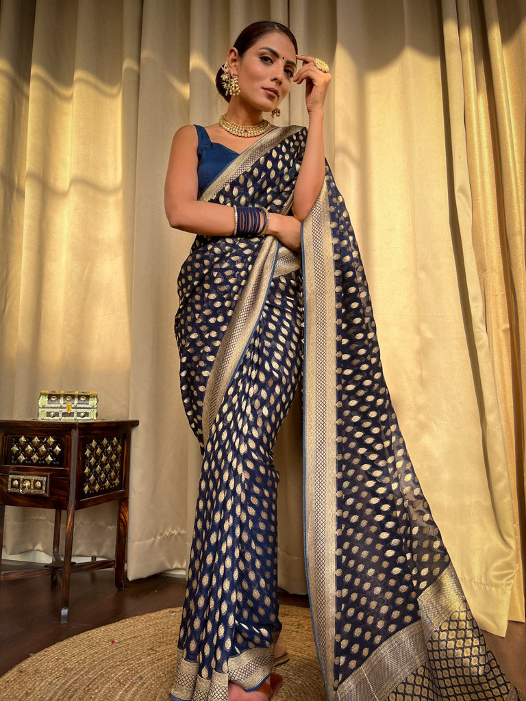 Midnight Blue Banarasi Khaddi Weaved Georgette Saree