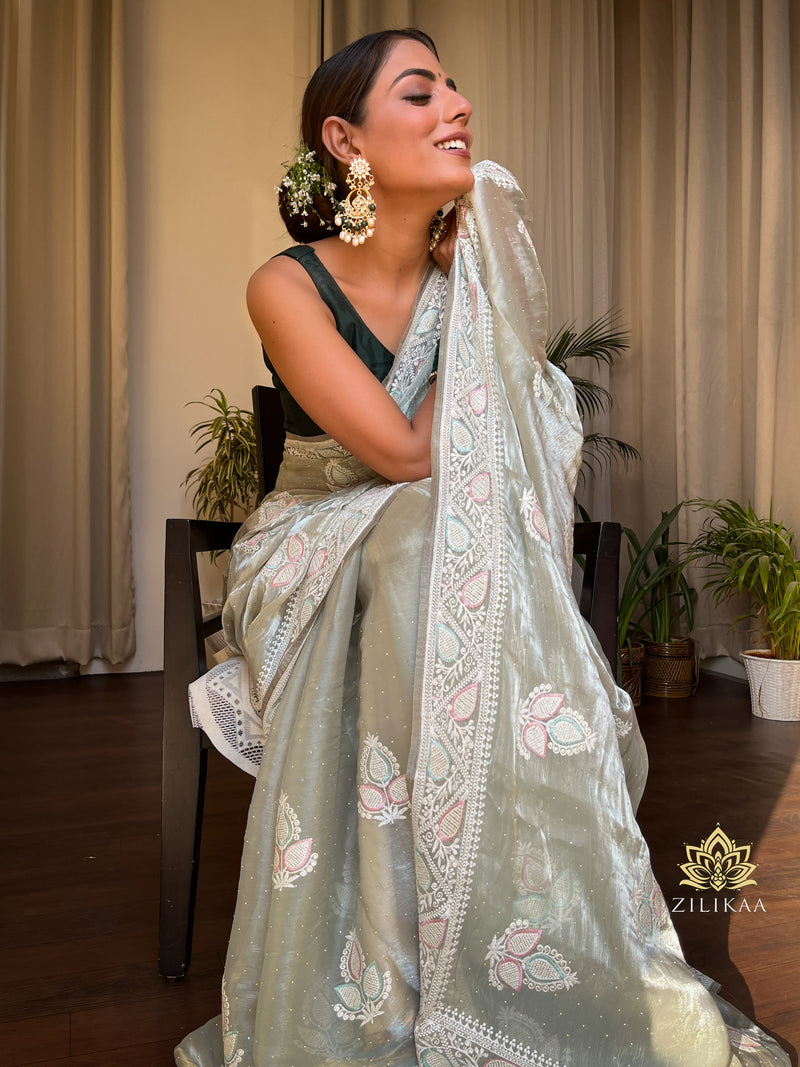 Fern Green French Organza Silk Saree