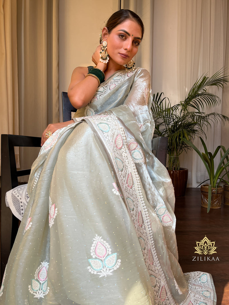 Fern Green French Organza Silk Saree