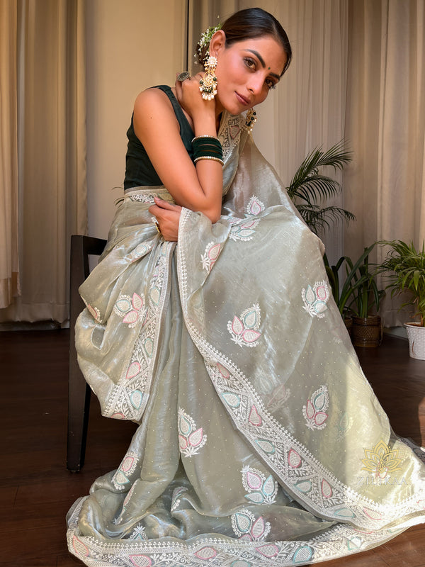 Fern Green French Organza Silk Saree