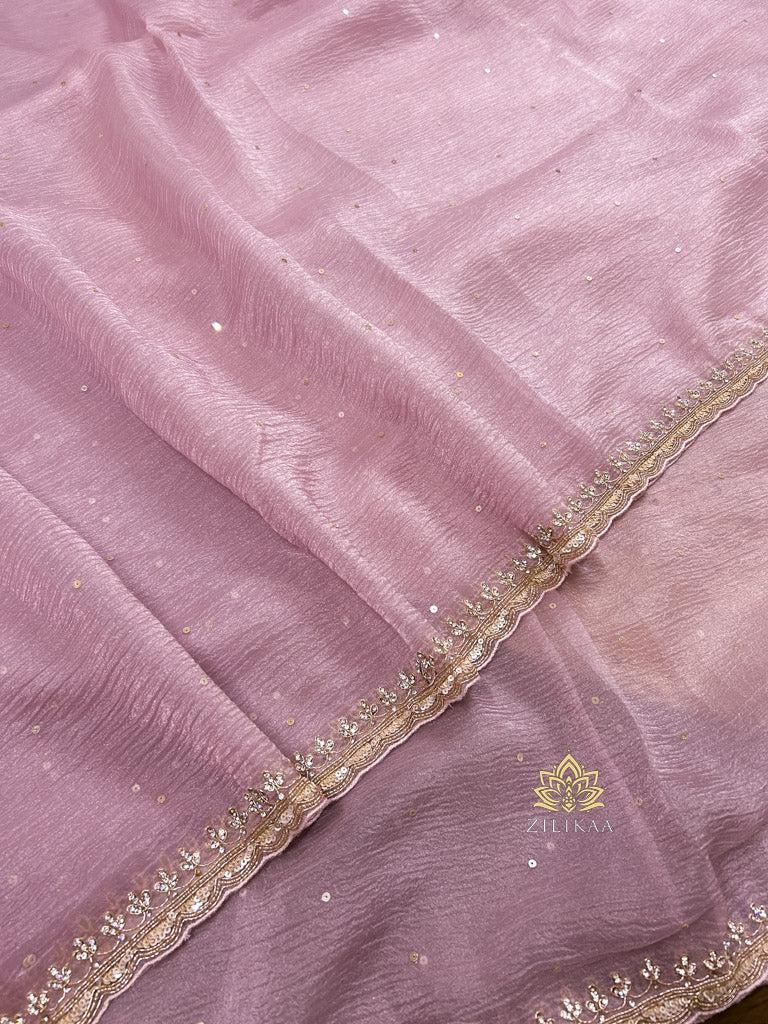 Baby Pink Crush Tissue Silk Saree With Heavy Stitch Designer Blouse