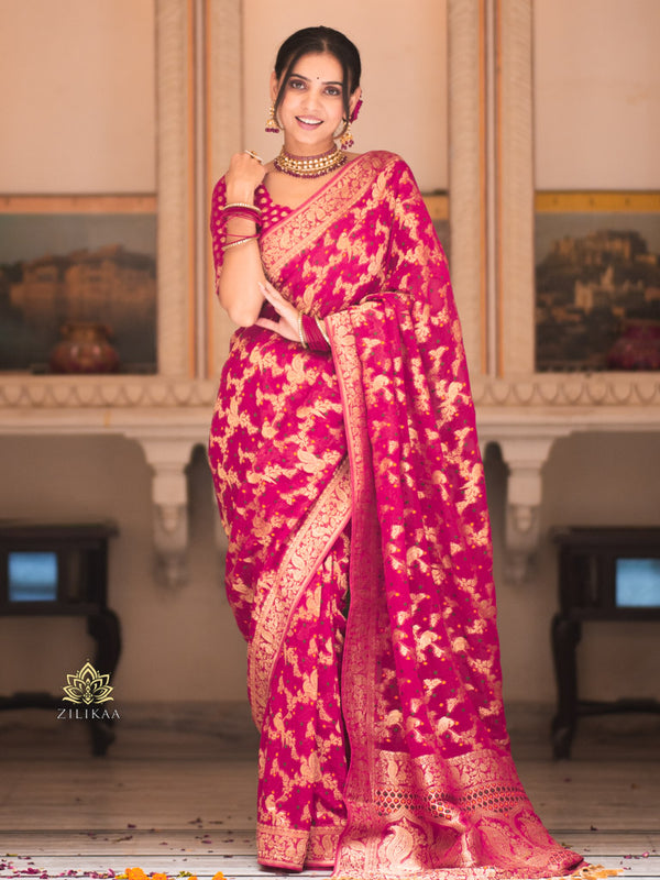 Queen Pink Banarasi Meenakari Khaddi Weaved Georgette Saree