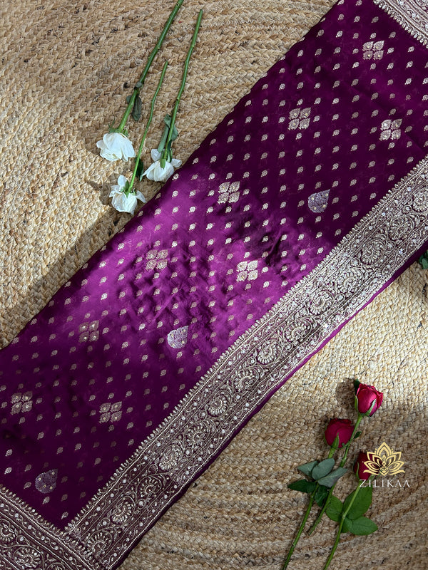 Plum Wine Zardozi Pearl Handwork Mulberry Banarasi Silk Saree