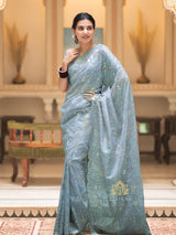 Aque Blue Gota Embroidery French Silk Saree