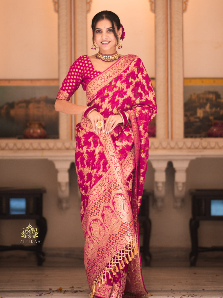 Queen Pink Banarasi Meenakari Khaddi Weaved Georgette Saree