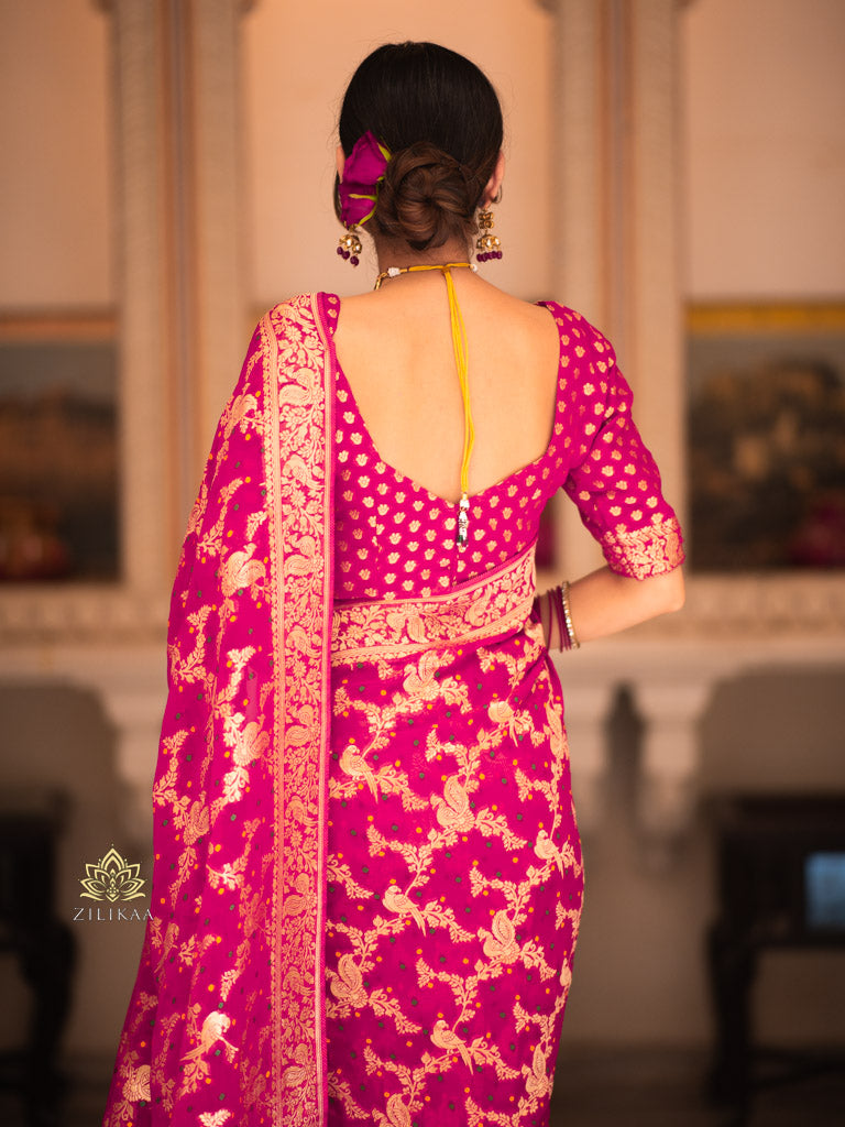 Queen Pink Banarasi Meenakari Khaddi Weaved Georgette Saree