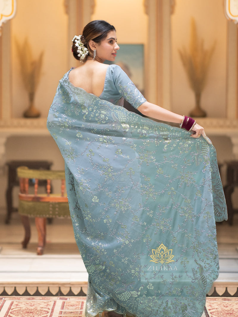 Aque Blue Gota Embroidery French Silk Saree