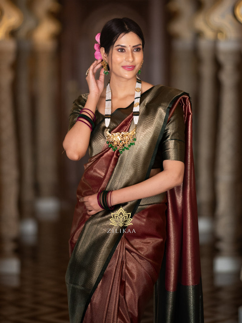 Mangalgiri Handwoven Silk Cotton Saree, Olive Green - Maroon Dual Tone –  Scarlet Thread