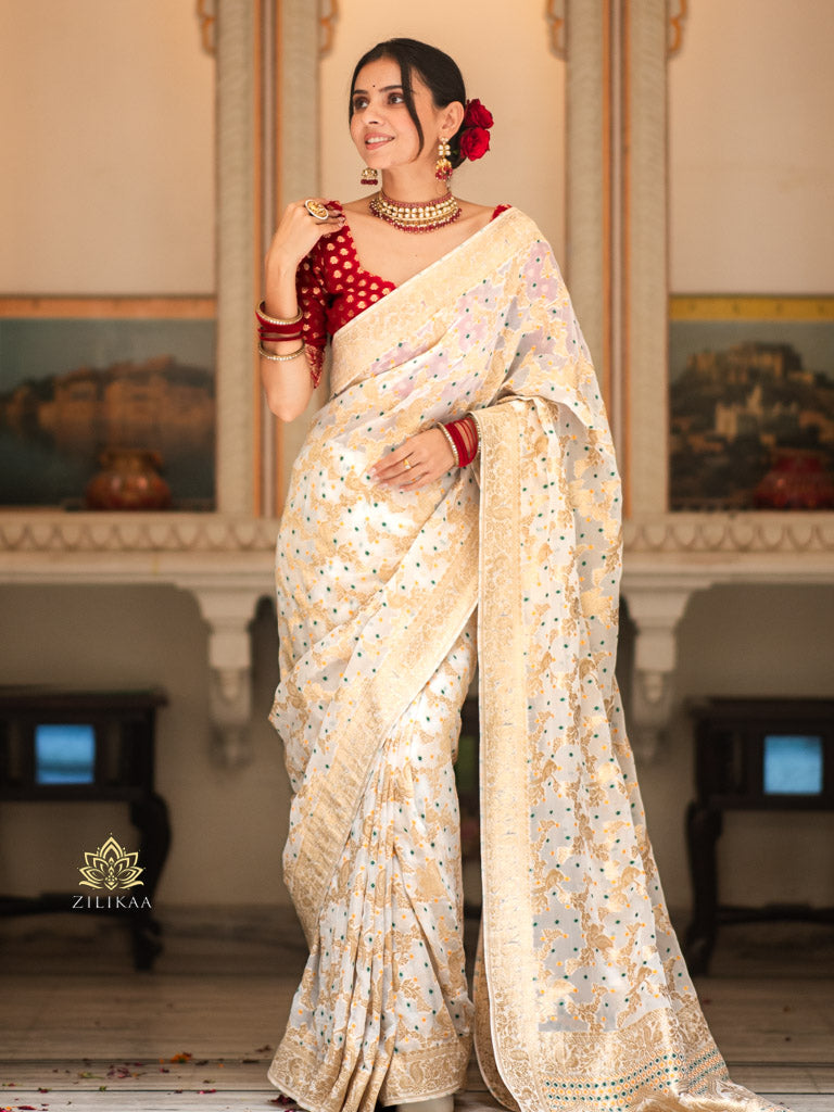 Ivory Special Banarasi Meenakari Khaddi Weaved Georgette Saree