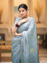 Aque Blue Gota Embroidery French Silk Saree