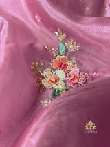 Barbie Pink Hand embroidery Organza Silk Saree