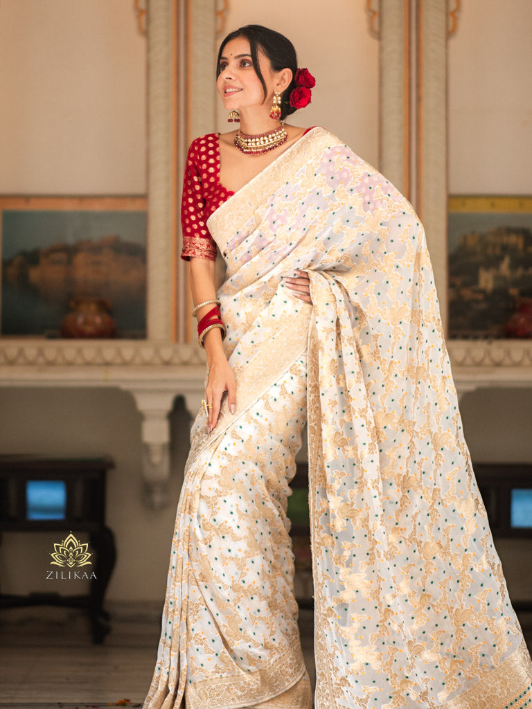 Ivory Special Banarasi Meenakari Khaddi Weaved Georgette Saree