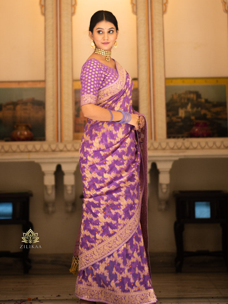 Royal Lavender Banarasi Meenakari Khaddi Weaved Georgette Saree