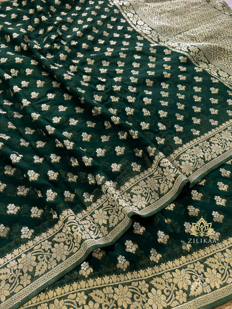 Bottle Green Banarasi Khaddi Weaved Georgette Saree