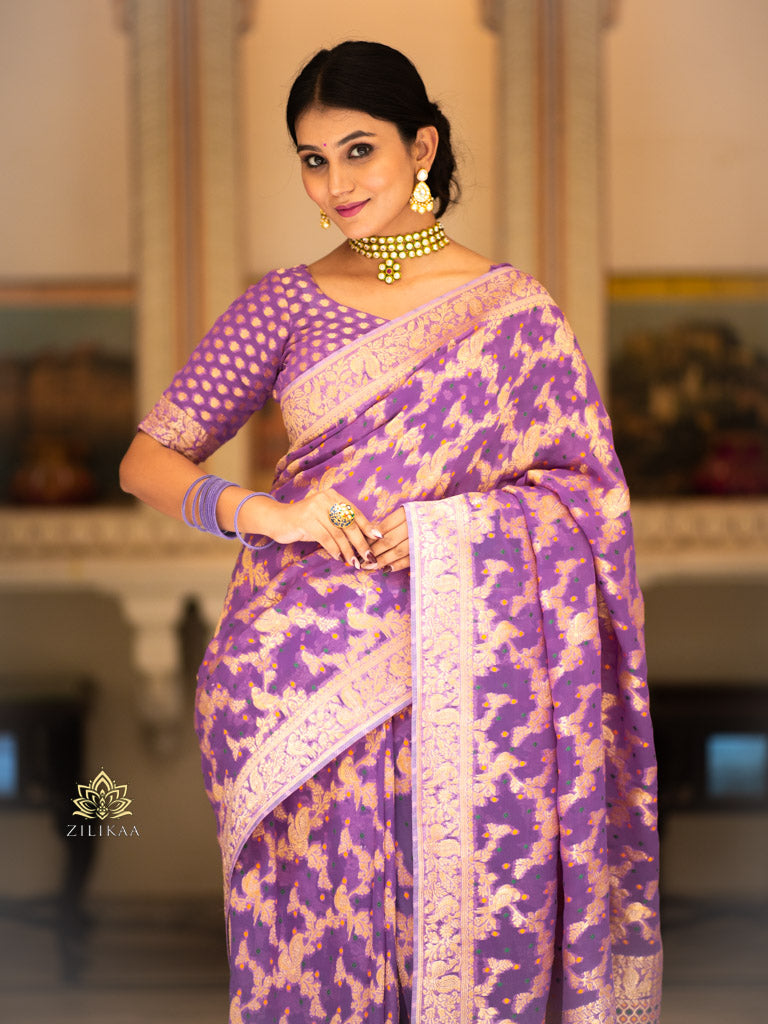 Royal Lavender Banarasi Meenakari Khaddi Weaved Georgette Saree