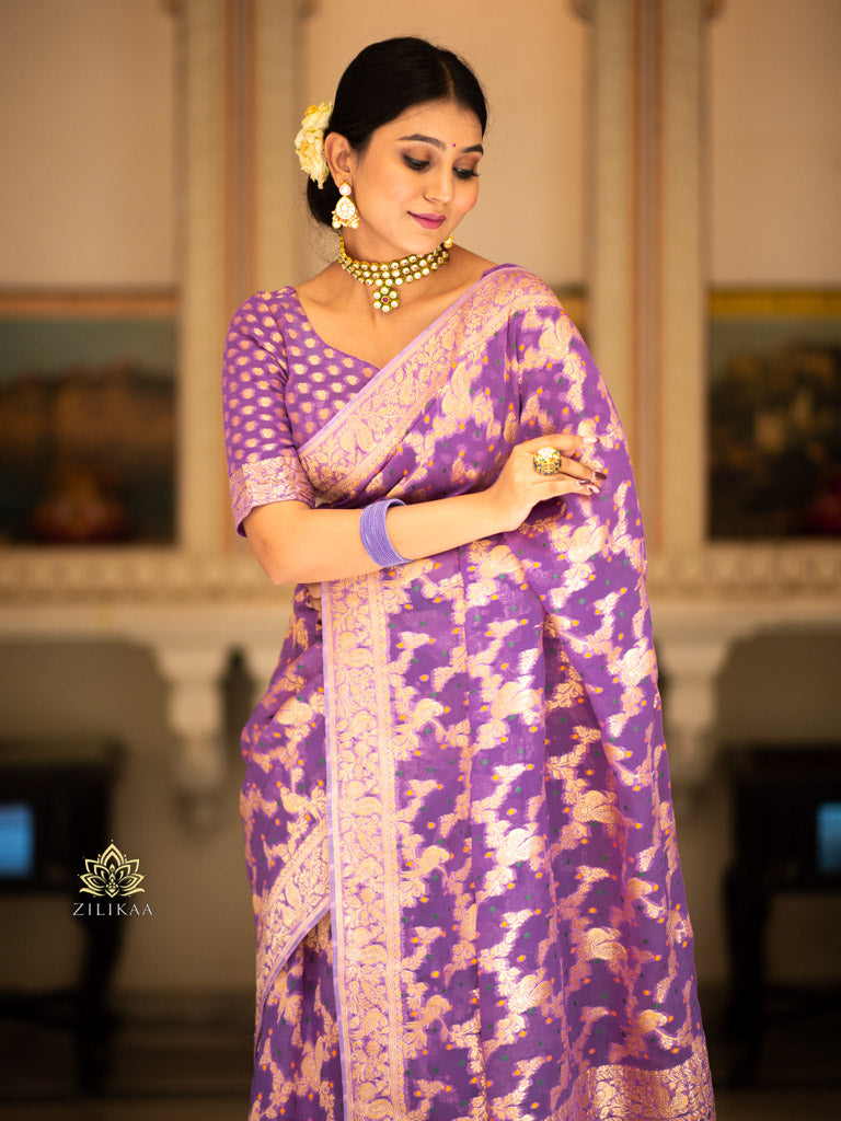 Royal Lavender Banarasi Meenakari Khaddi Weaved Georgette Saree