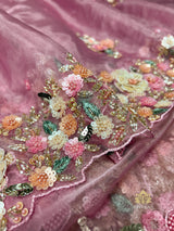 Barbie Pink Hand embroidery Organza Silk Saree