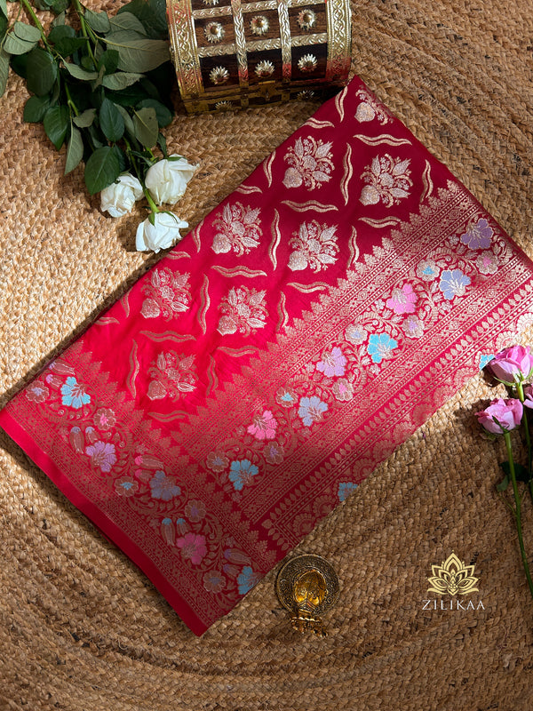 Crimson Red Meenakari Banarasi Katan Silk Saree