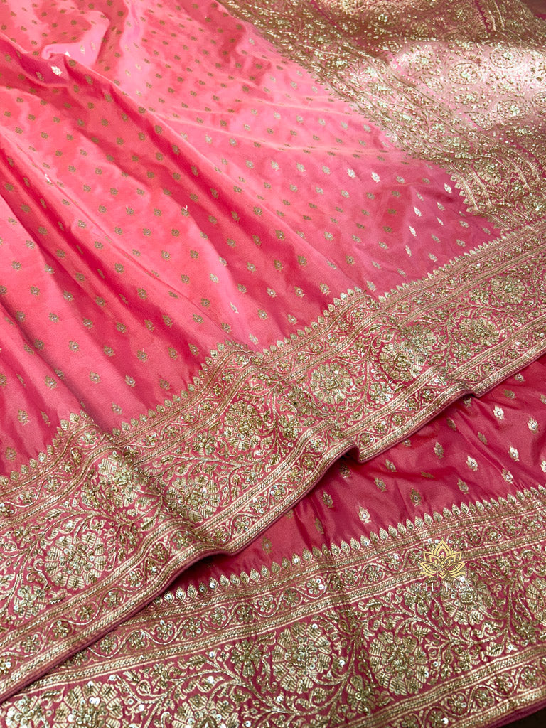 Salmon Pink Zardozi Handwork Katan silk saree