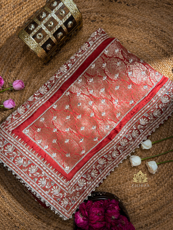 Rusty Orange Zardozi Handwork Mulberry Banarasi Silk Saree